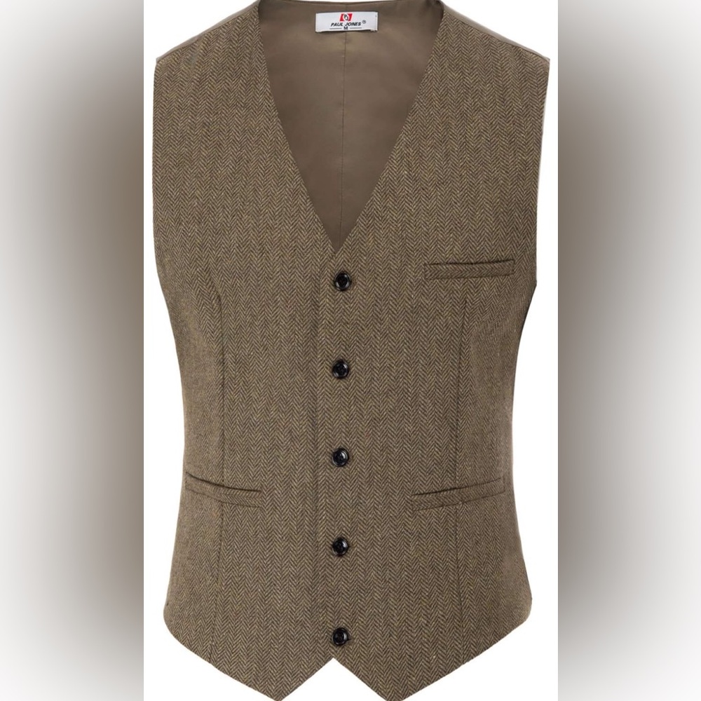 PJ PAUL JONES Men's Herringbone Tweed Suit Vest Casual Wool Blend Waistcoat